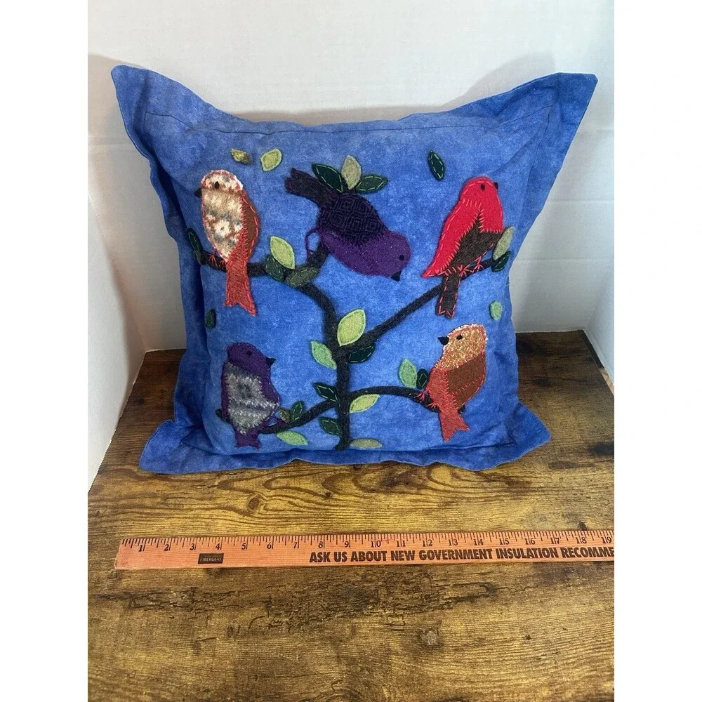 Handmade Blue Bird Pillow Cover Folk Art Throw Cushion 17x17 Removable Case
